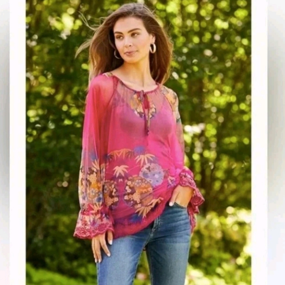 MAZZY JOHNNY WAS PINK FLORAL PLEASANT Blouse NEW TAGS DRALION 2 PIECE Cami L S